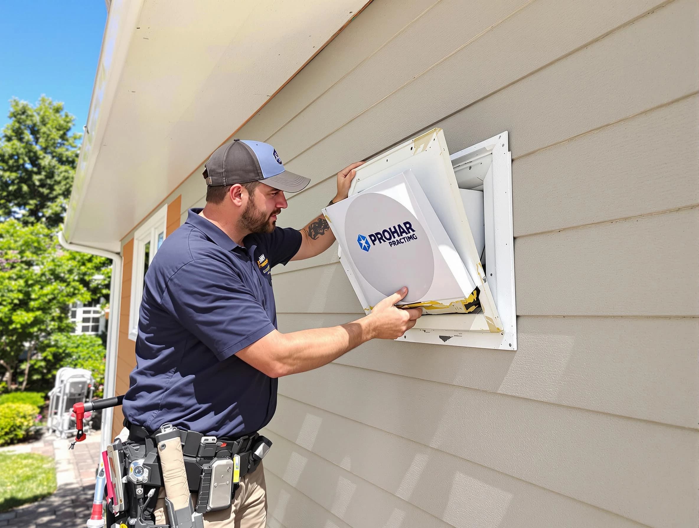 Slaughterville Dryer Vent Cleaning technician installing a new protective dryer vent cover on a home in Slaughterville