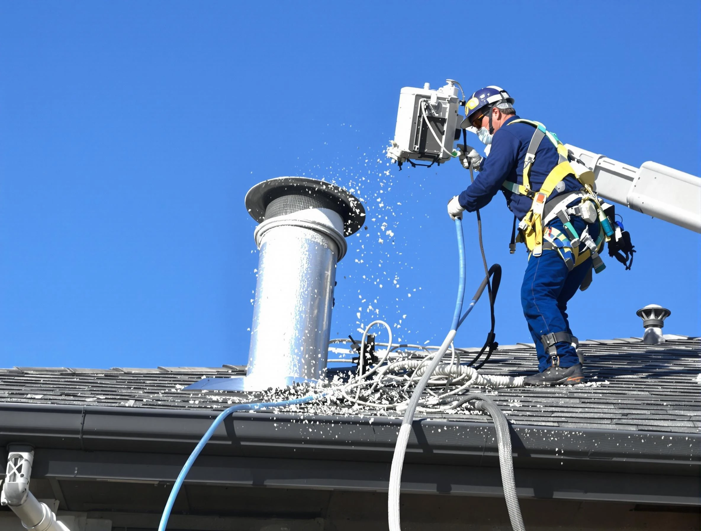 Slaughterville Dryer Vent Cleaning certified technician safely cleaning a roof-mounted dryer vent in Slaughterville